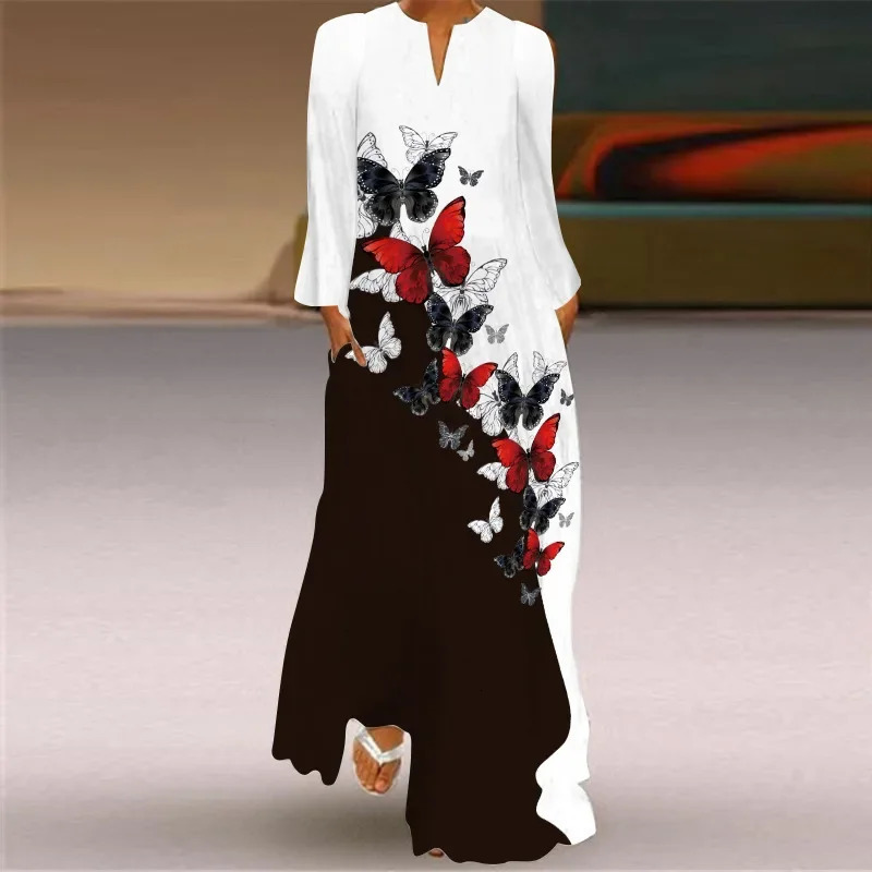 Bohemian long sleeved loose fitting womens V-neck casual dress with pocket printed womens clothing 250103