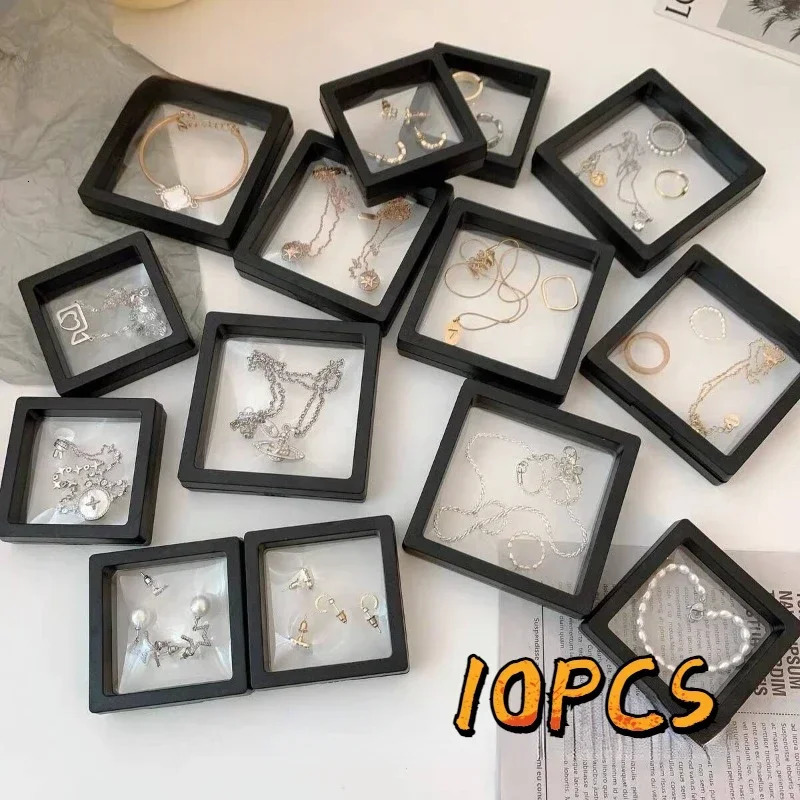 10Pcs PE Film Jewelry Storage Box 3D Packaging Case Free Stand Floating Frame Membrane Ring Earrings Necklace Display Holder 241225
