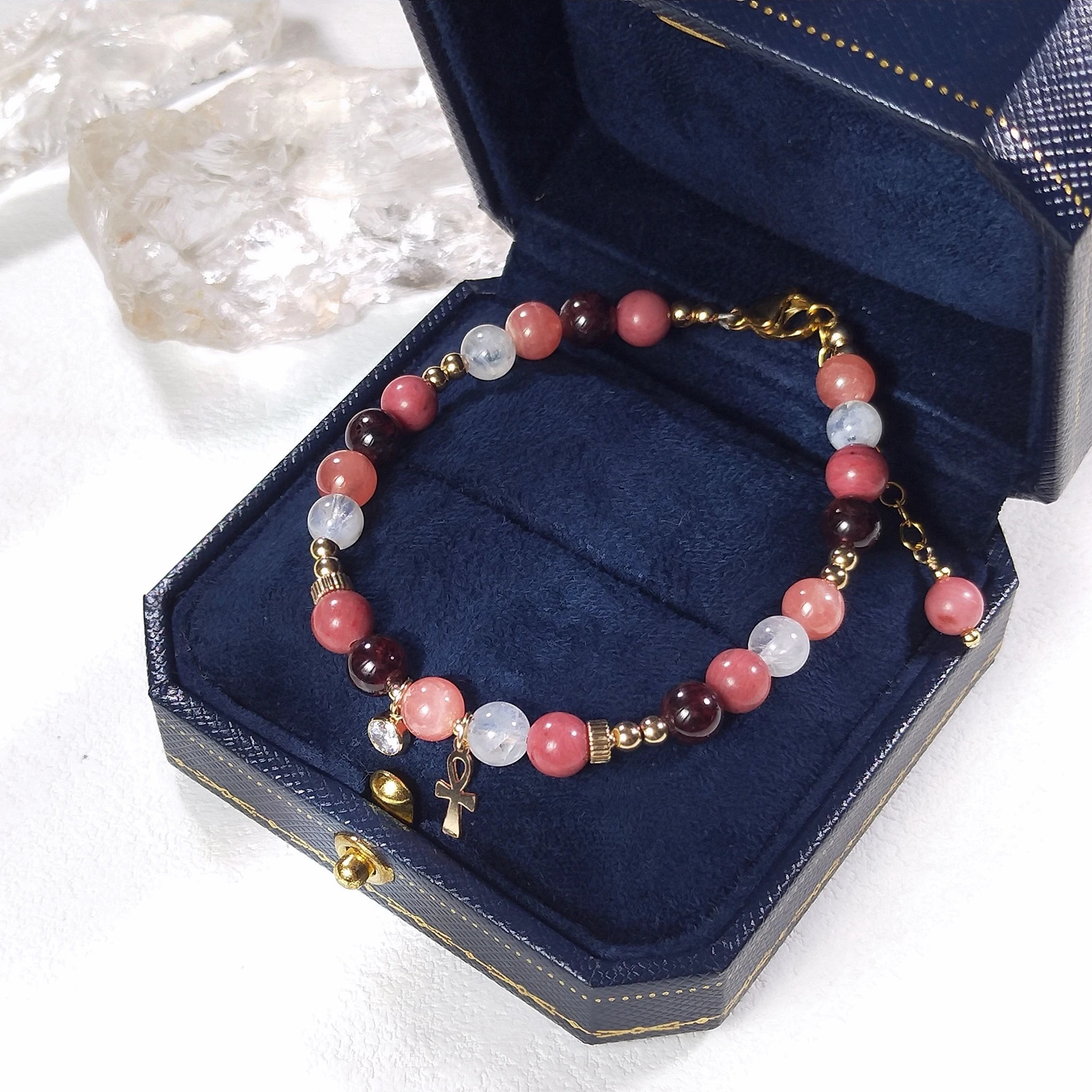 Lili Ji Natural Garnet Moonstone Rhodiola 6mm US 14K Gold Plated Charm Bracelet Handmade Fashion Jewelry 250102
