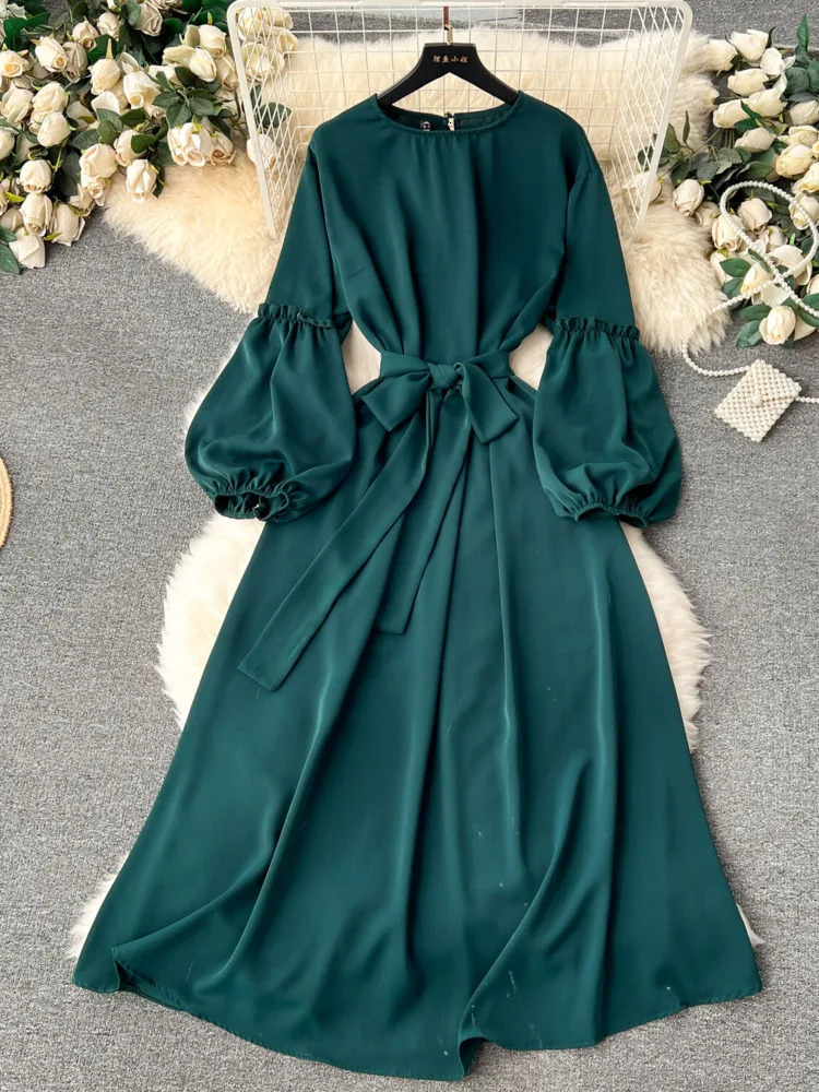 XFPV Women Vintage Sweet Mid Length High Waist A-line Dresses O-Neck Puff Sleeve Lace-up Vestidos Spring Summer 2025 SM10101 250103