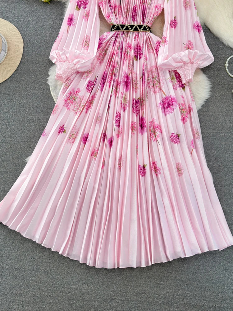 XFPV Women Temperament Printing Pleated High Waist A-line Dresses O-Neck Lantern Sleeve Vestidos Spring Summer 2025 SM10479 250103