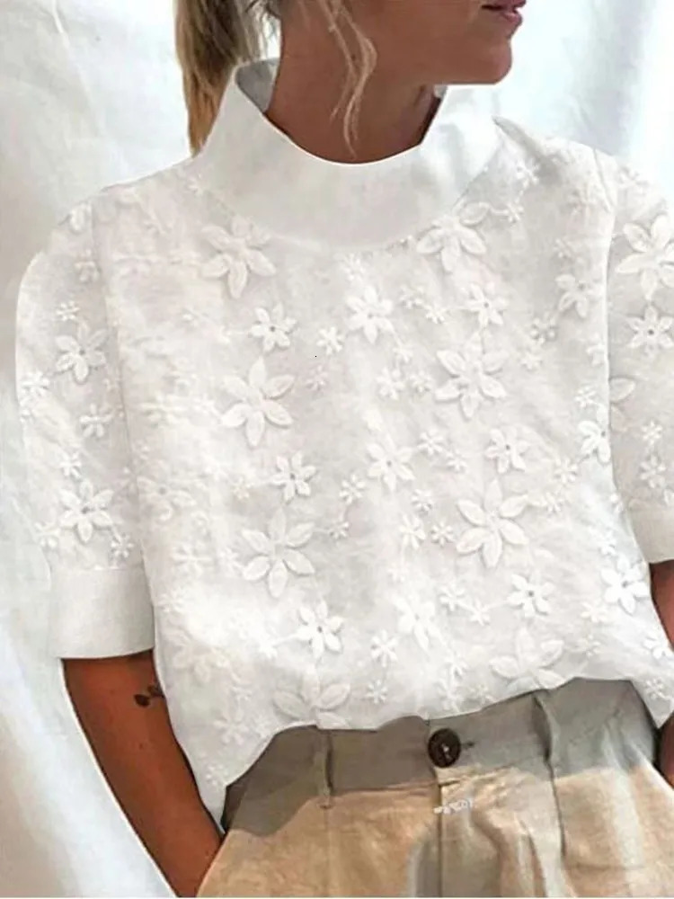White cotton linen summer womens shirt elegant solid lace hollow casual street wear office basic shirt top 241231