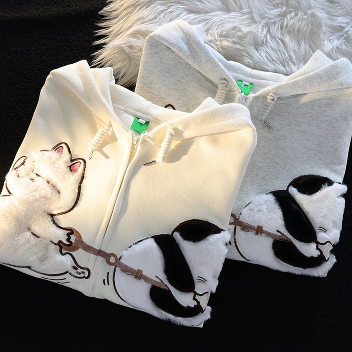 Fashion Couples Clothes Hooded Coat Autumn Winter Cat y Cartoon Print Zip Up Hoodies Streetwear Women Man Tops 250103