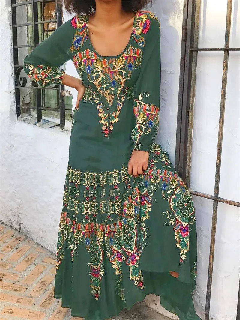 Thin Light Summer Bohemian Retro Printed O-neck Dress Elegant Party Dress er Vestdos Loose Midi Dress Street Clothing 250103