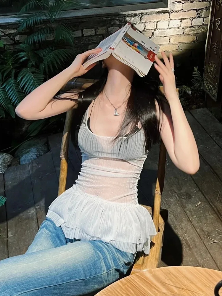 Deeptown Y2k sees through tank top womens Korean fashion Fairycore crop top womens Harajuku aesthetic sexy K-pop summer clothing 250103