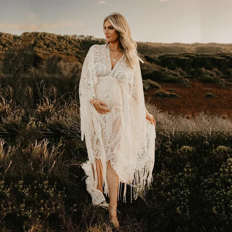 Boho Lace Maternity Pography Props Dresses Free Size Adjustable Pregnancy Po Shoot Bohemian Long Dress Sides Slit 250103