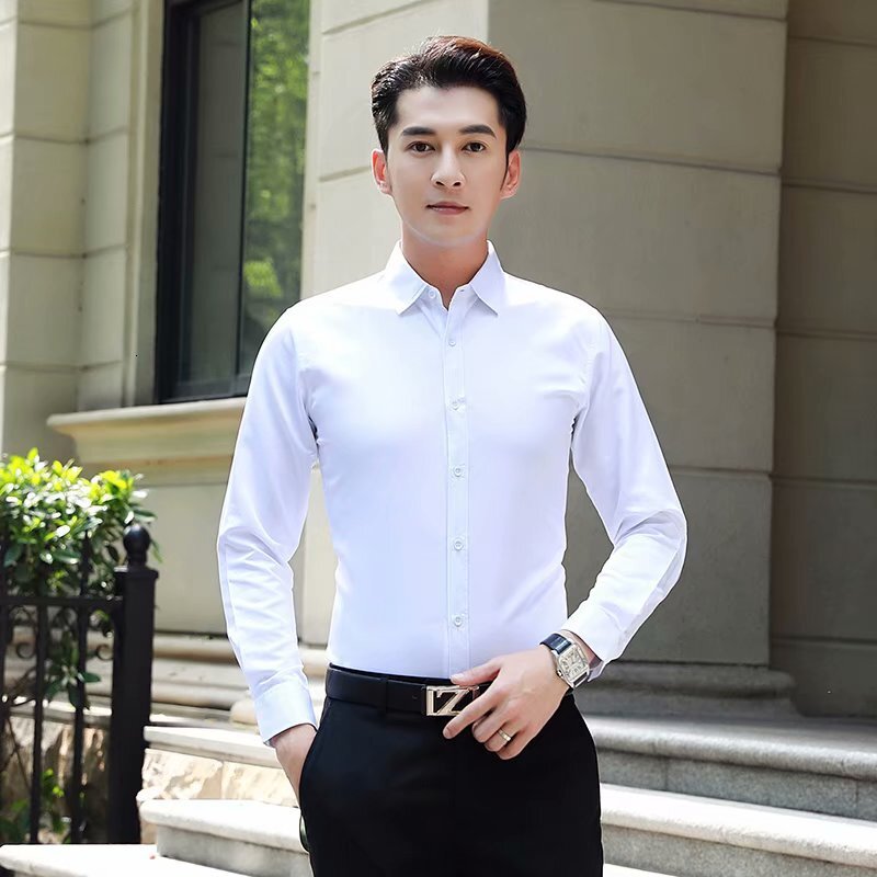 White shirt mens long sleeved slim fit no perm solid color professional business formal wear work white work suit shirt