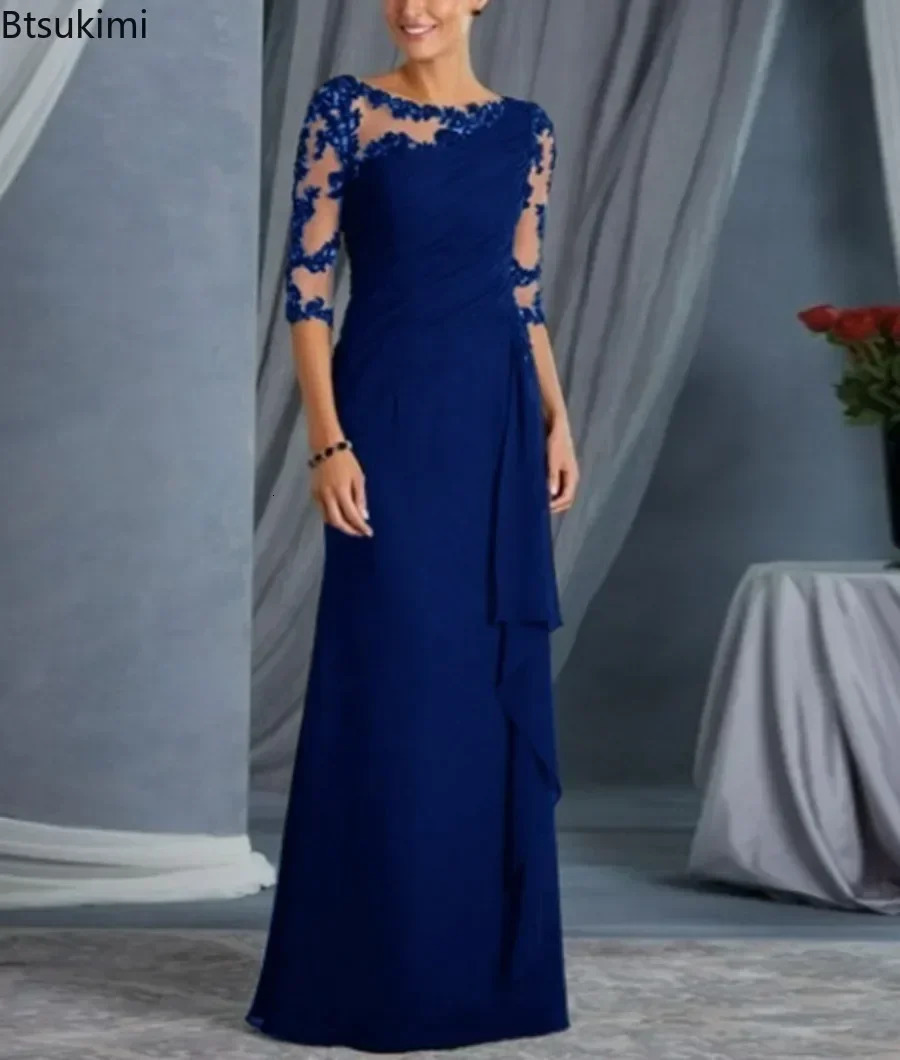 Womens Elegant Lace Long Dress Solid Half Sleeve Perspective Round Neck Mid Sleeve Party Wedding Club Dress Womens Robe 250103