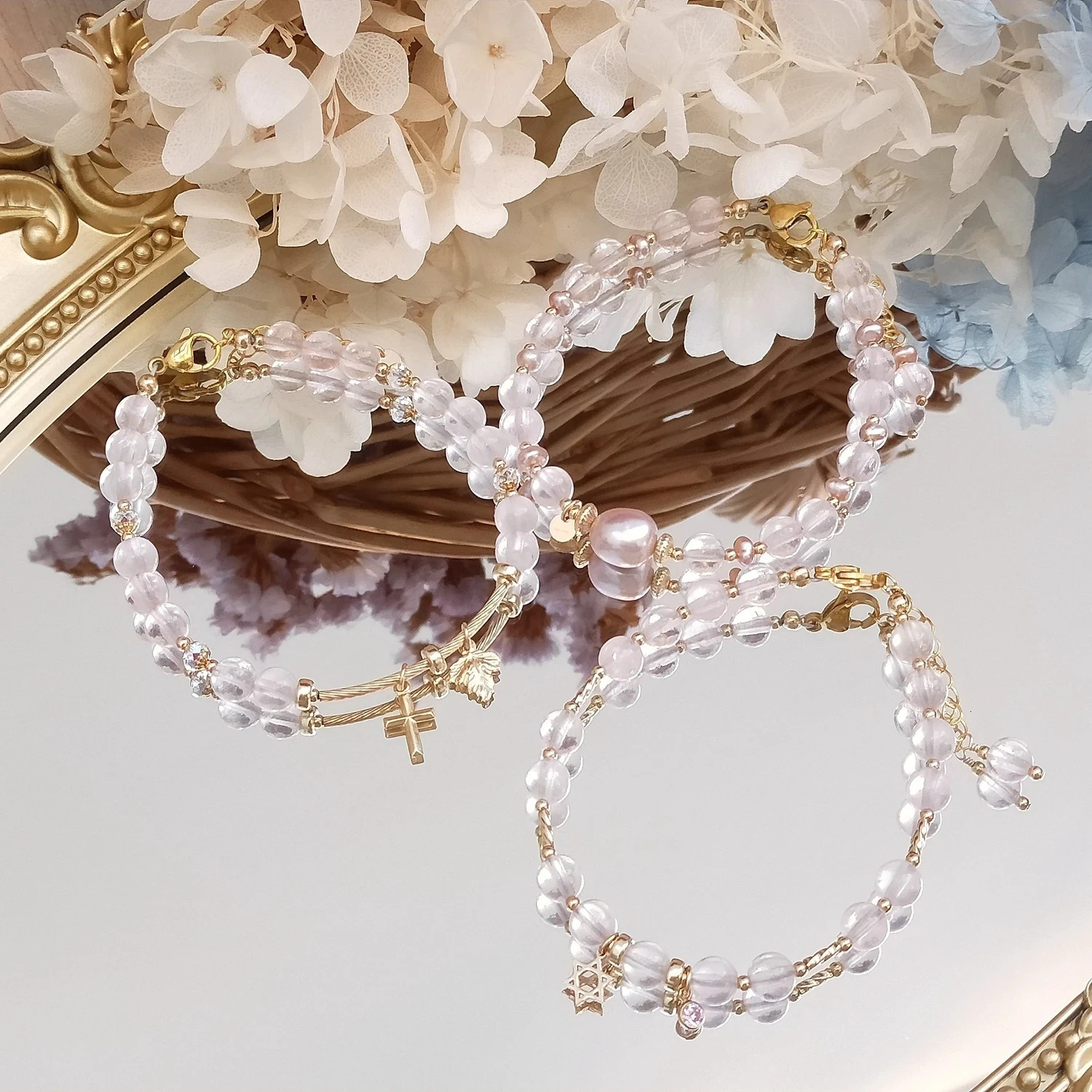 Lili Ji Rose Quartz Natural Stone 2-6mm US 14K Gold Plated Charm Bracelet Handmade Jewelry 250102