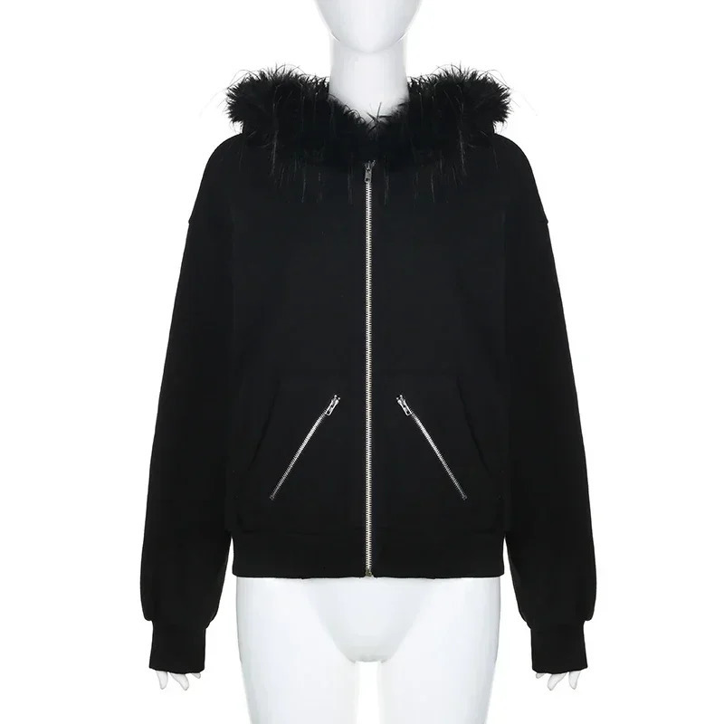 Womens Casual Fur Collar Zip Up Hoodies Chic Streetwear Aesthetic Pockets Cardigans Vintage Fashion 250103