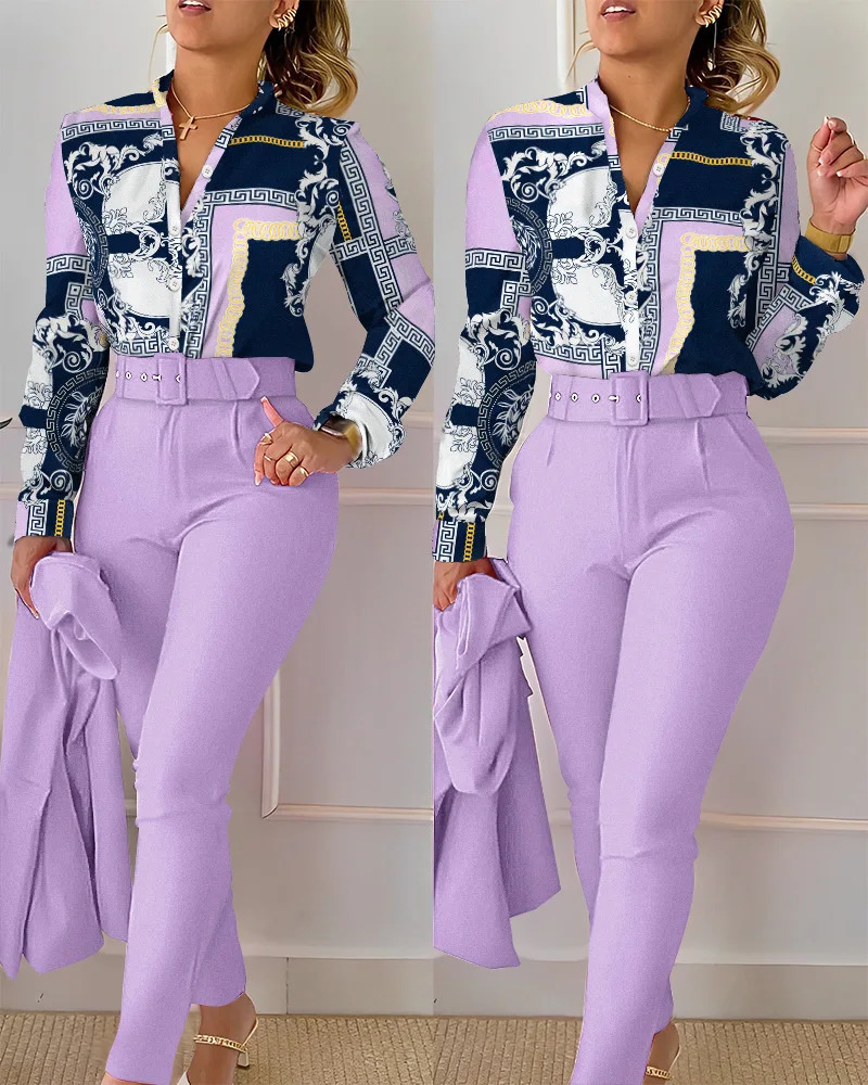 Elegant printed shirt and pants two-piece set for womens spring and autumn fashion long sleeved shirt high waisted pants casual set 241230