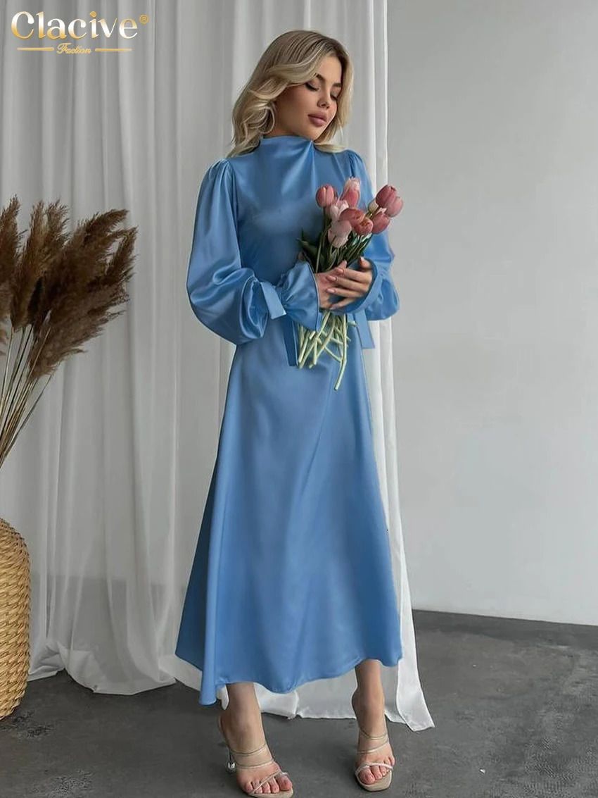 Clacive Fashion Loose Green Satin Womens Dress 2025 Elegant Upright Collar Long Sleeve Midi Dress Casual Classic Womens Dress 250103