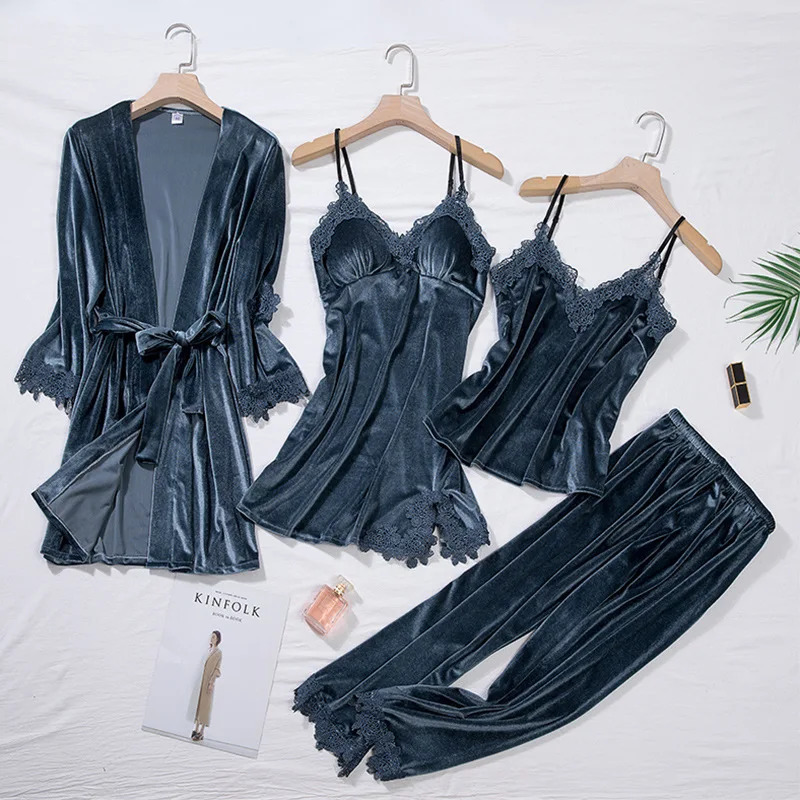 TOP Casual Velour Home Clothing 4pcs Sleep Set Intimate Lingerie Women Pajamas Suit Long Sleeve Lace Velvet Homewear Pyjamas 250103