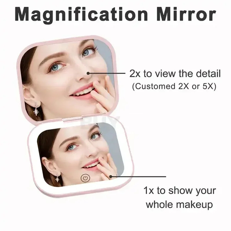2X magnifying Compact Small Mini Gift Vanity Table Folding Led Lights Portable Hand Held Pocket Makeup Mirror 250103