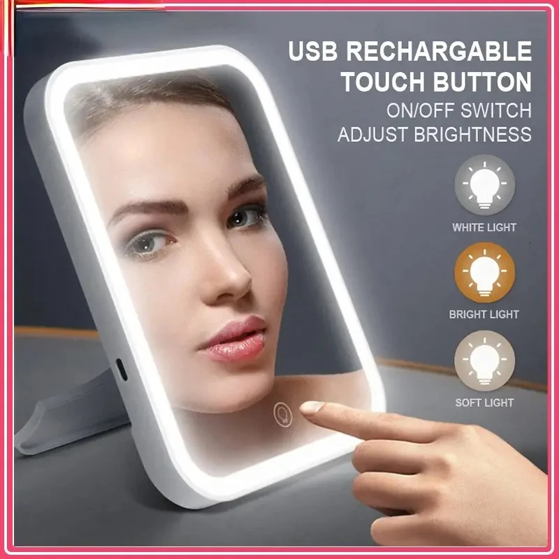 LED Makeup Mirror Touch Screen 3 Light Portable Standing Folding Vanity Mirror 5X Magnifying Compact Cosmetics Mirror 250103