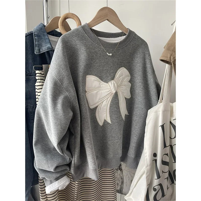 South korea Dongdaemun Heavy Industry y Bow round Neck Hoodie Women Spring and Autumn Thin Small Loose Short Top 250103