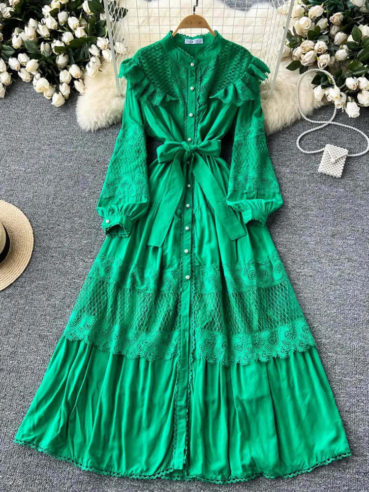 XFPV Retro Lace Embroidery Long Dress Vestidos Women Lantern Sleeve O-neck Single Breasted 2025 Summer Clothing SM11283 250103