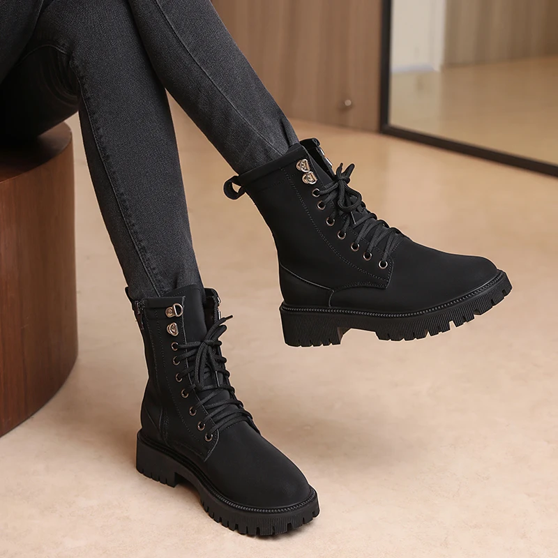AIYUQI Women's Winter Boots Genuine Leather Women's Biker Boots Large Size Natural Wool Snow Boots Ladies