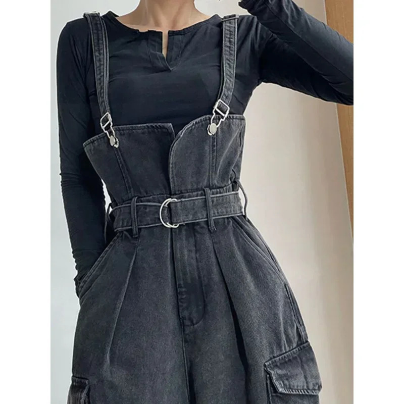 Denim Jumpsuits Women High Waisted Cargo Trousers American Streetwear Teens Personal Hipsters Pure Big Pockets Washed Clothes 241230