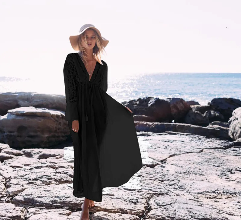 TEELYNN long sleeved beach dress retro lace white summer dress sexy deep V-neck long sleeved womens bohemian dress 250103