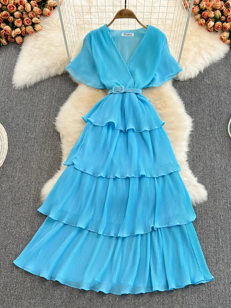 XFPV Women Vacation Pleated Belt Loose Dress Vestidos RobeV- Neck Short Sleeve Arrivals Fashion Temperament Summer 2025 SM3507 250103