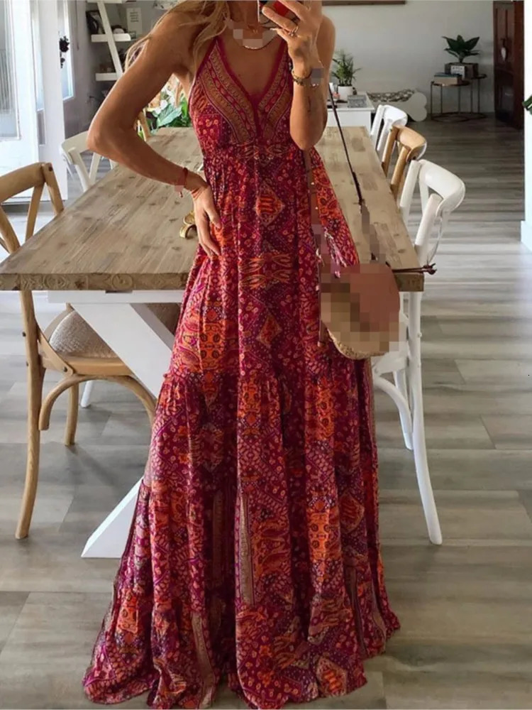 Summer womens spaghetti shoulder strap bohemian long dress elegant V-neck party retro printed sleeveless sexy long dress 250103