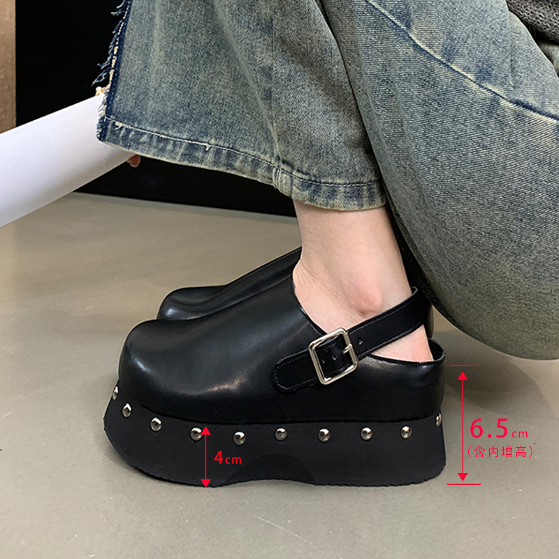 6.5Cm Black Chunky Heels Slippers Women Punk Rivet Platforms Sandals Summer Round Toe Sgback Casual Shoes Chaussure Femme