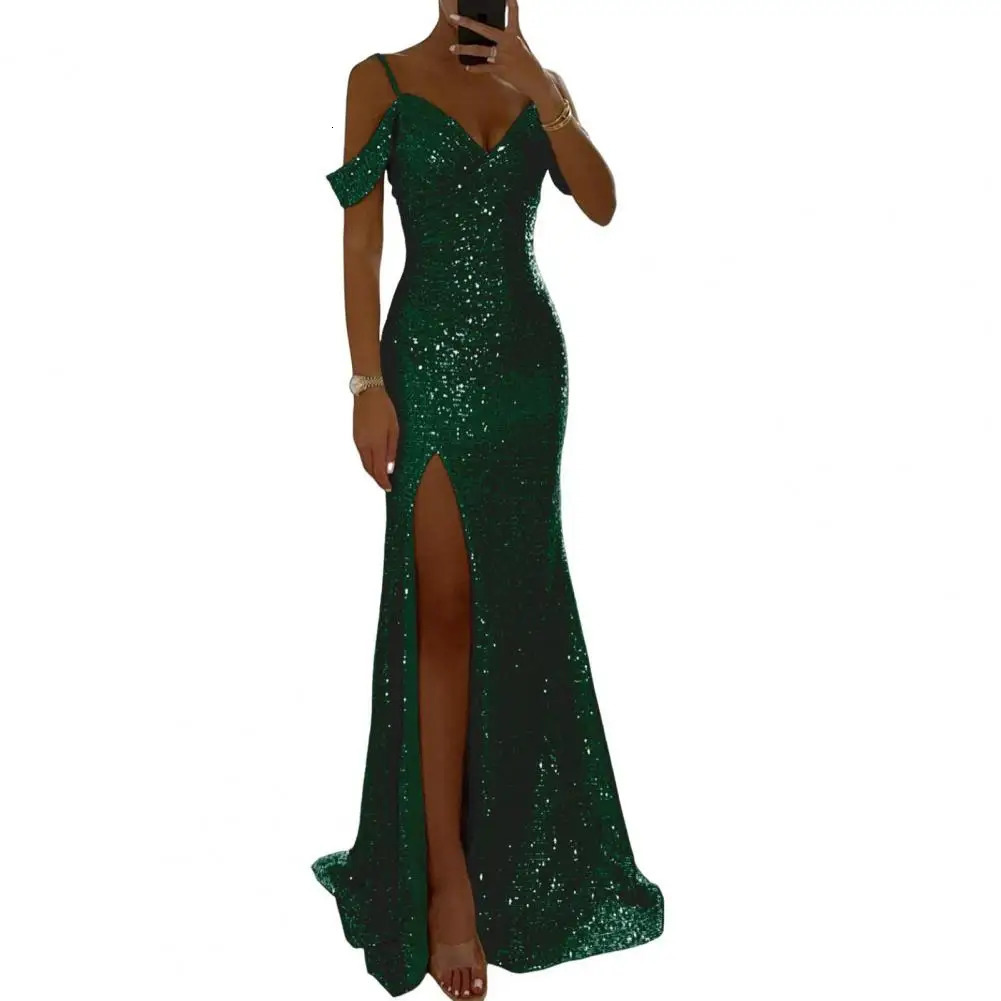 Women Sequin Suspender Dress Long Elegant Ball Gown for Prom Wedding Parties Off Shoulder V Neck Maxi Banquets 250103