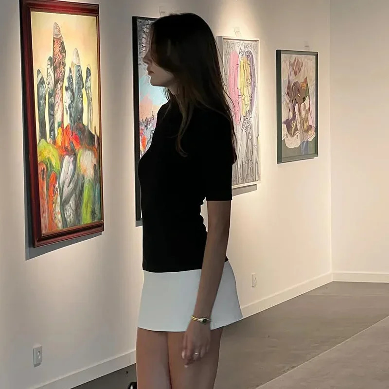 2025 Spring Summer Turtleneck Half Sleeve Mini Dresses French Style Fashion Elegant Black And White Patchwork Bodycon Dress 241223