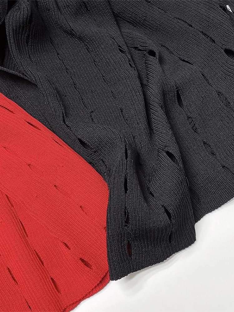 V-Neck Bubble Sleeved Knitted Beach Dresses Waist Cinched Hollowed Out Slimming Red Long Dress Single Breasted Button Women Robe 250102