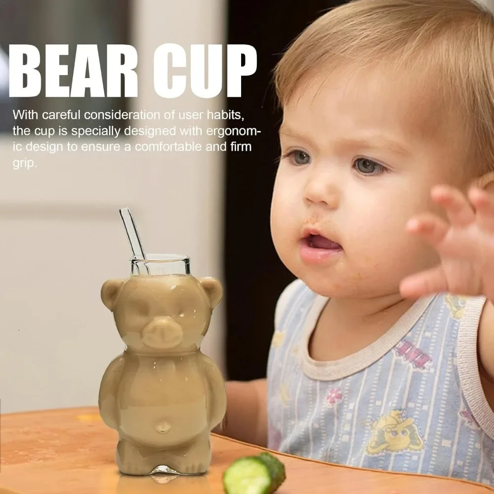 320ML Creative Cute Bear Coffee Mug with Straw Transparent Cup Beer Milk Water Cups Wholesale Glass Drinkware Set 241226