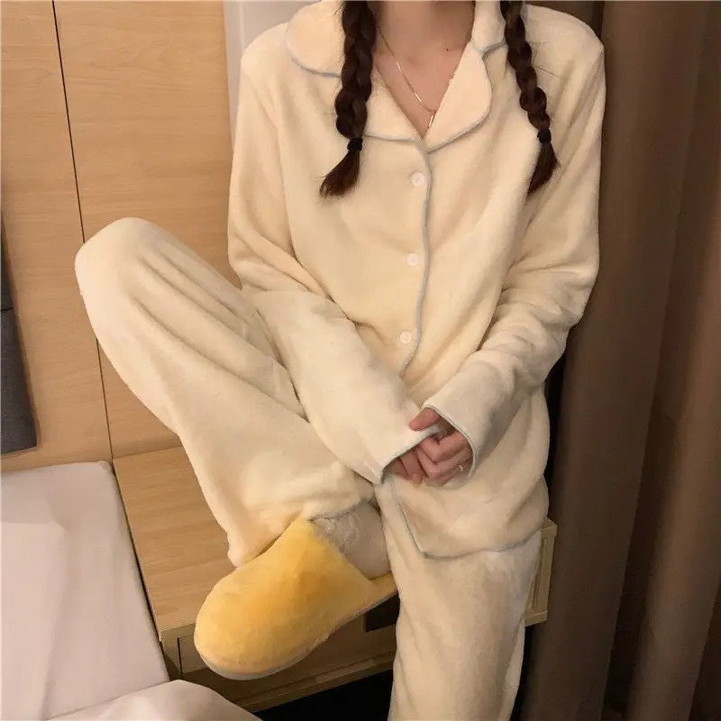 Flannel Womens Pajamas Sets Casual Autumn Winter Sleepwear Velvet Pyjama Ladies Cardigan Simple Bedroom Soft Warm Home Clothes 250103