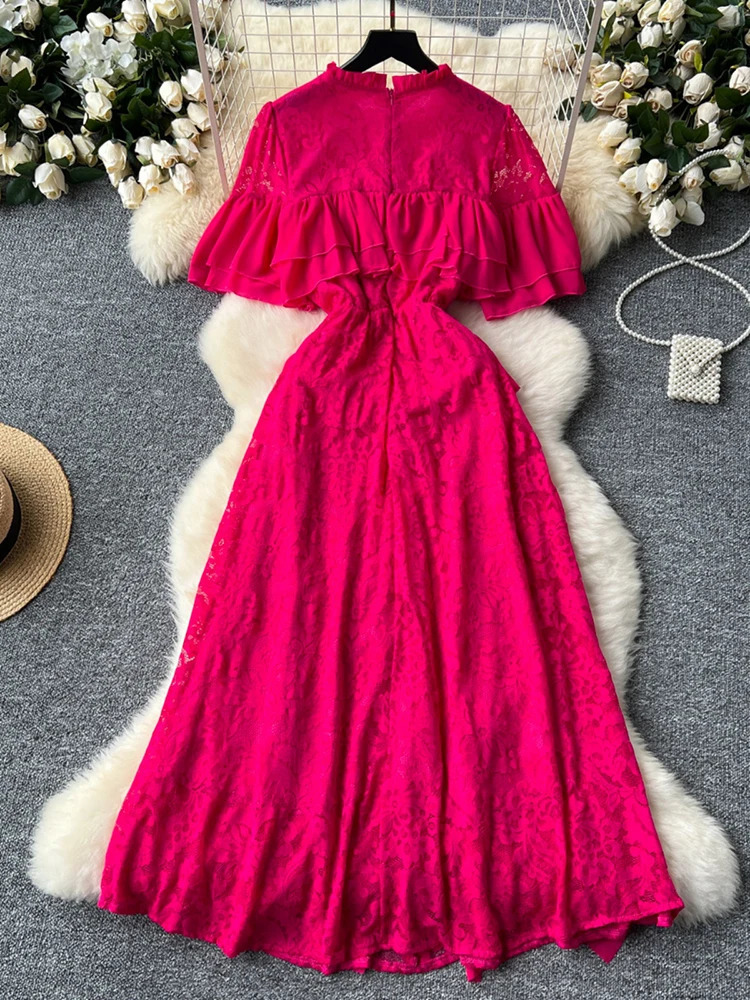 XFPV Women Spliced Round Neck Flared Sleeves High Waist Slim Lace Lotus Leaf Edge Dress Vestidos Y2k Fashion Spring Summer 2025 250103