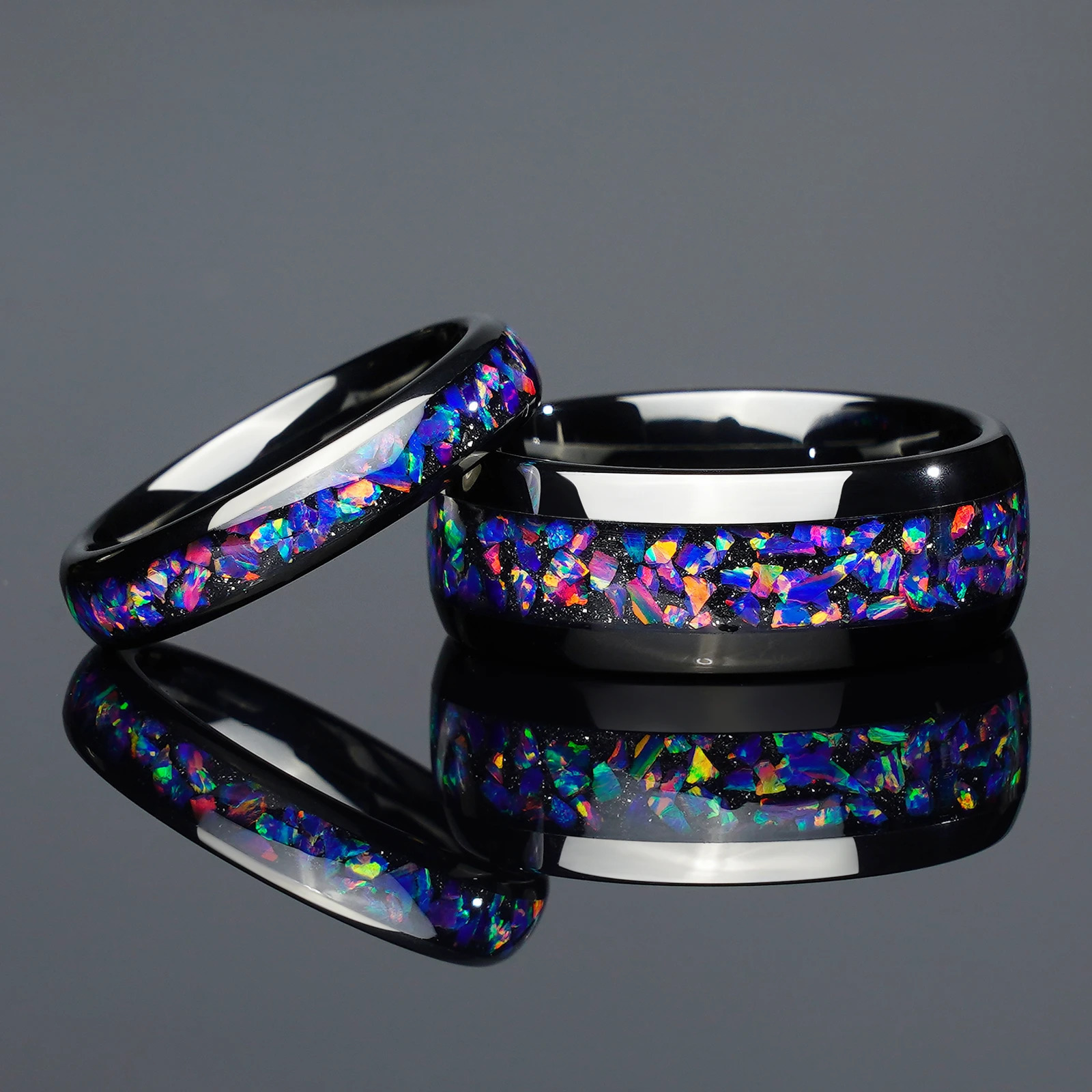 4/8mm Couple Set Colorful Purple Opal Black Tungsten Wedding Engagement Ring For Him And Her 250103