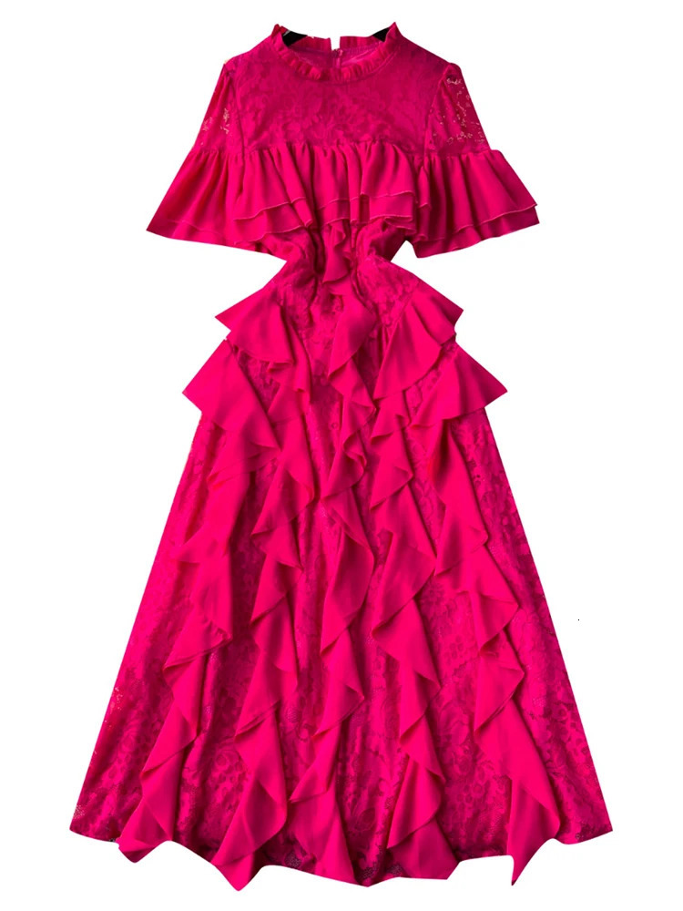 XFPV Women Spliced Round Neck Flared Sleeves High Waist Slim Lace Lotus Leaf Edge Dress Vestidos Y2k Fashion Spring Summer 2025 250103