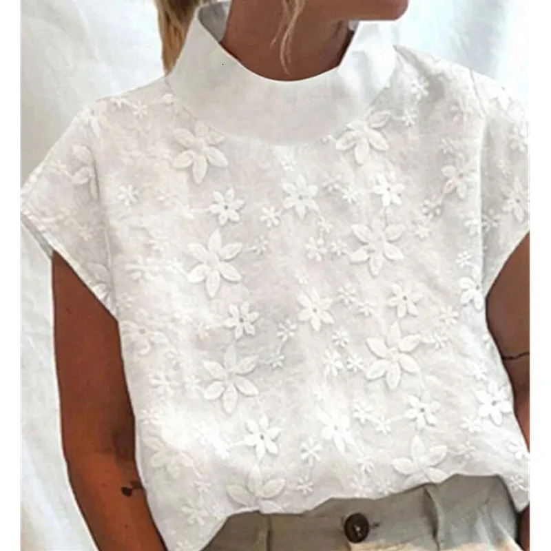 White cotton linen summer womens shirt elegant solid lace hollow casual street wear office basic shirt top 241231