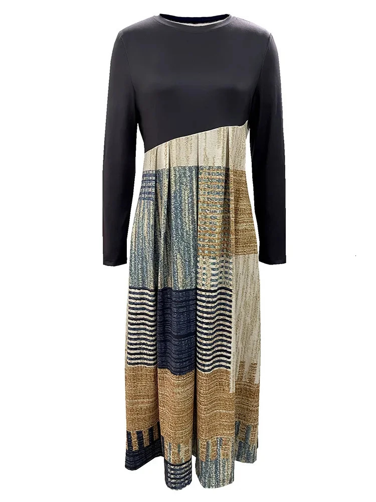 Classic Striped Colorblocking Dress Women Long Sleeve O Neck Black White Gray maxi Dresses Lady Autumn Winter A line Dress Robe 250103