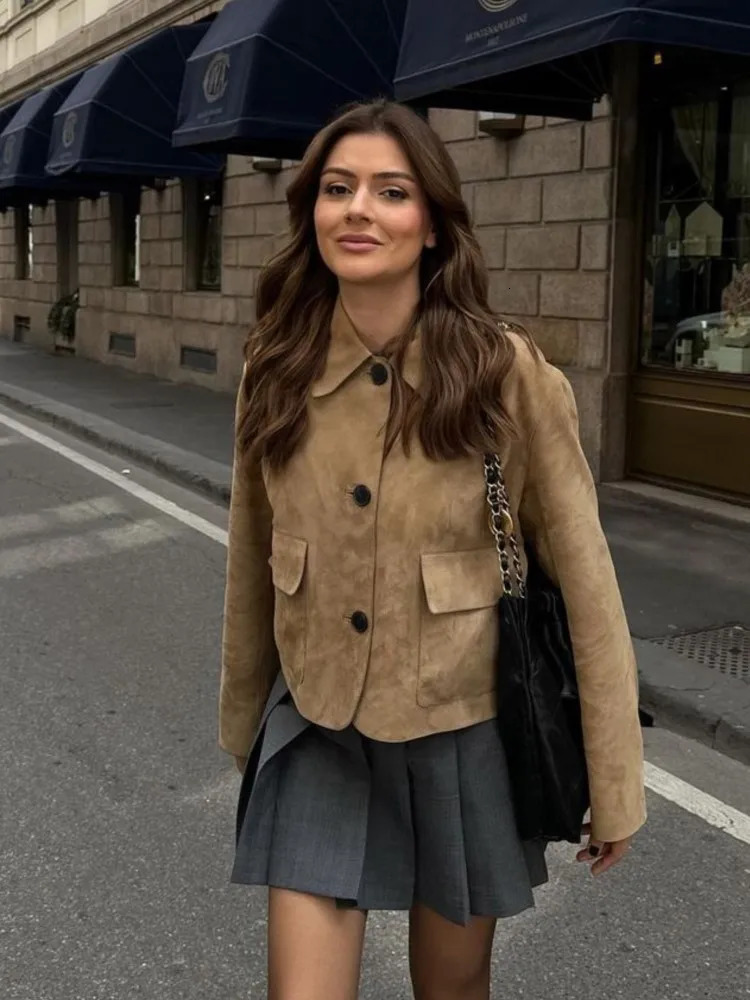 Vintage Suede Jacket Coat Turndown Collar Maillard Leather Short Coats Loose Casual Minimalism Commute Long Sleeve Women Clothes 250103