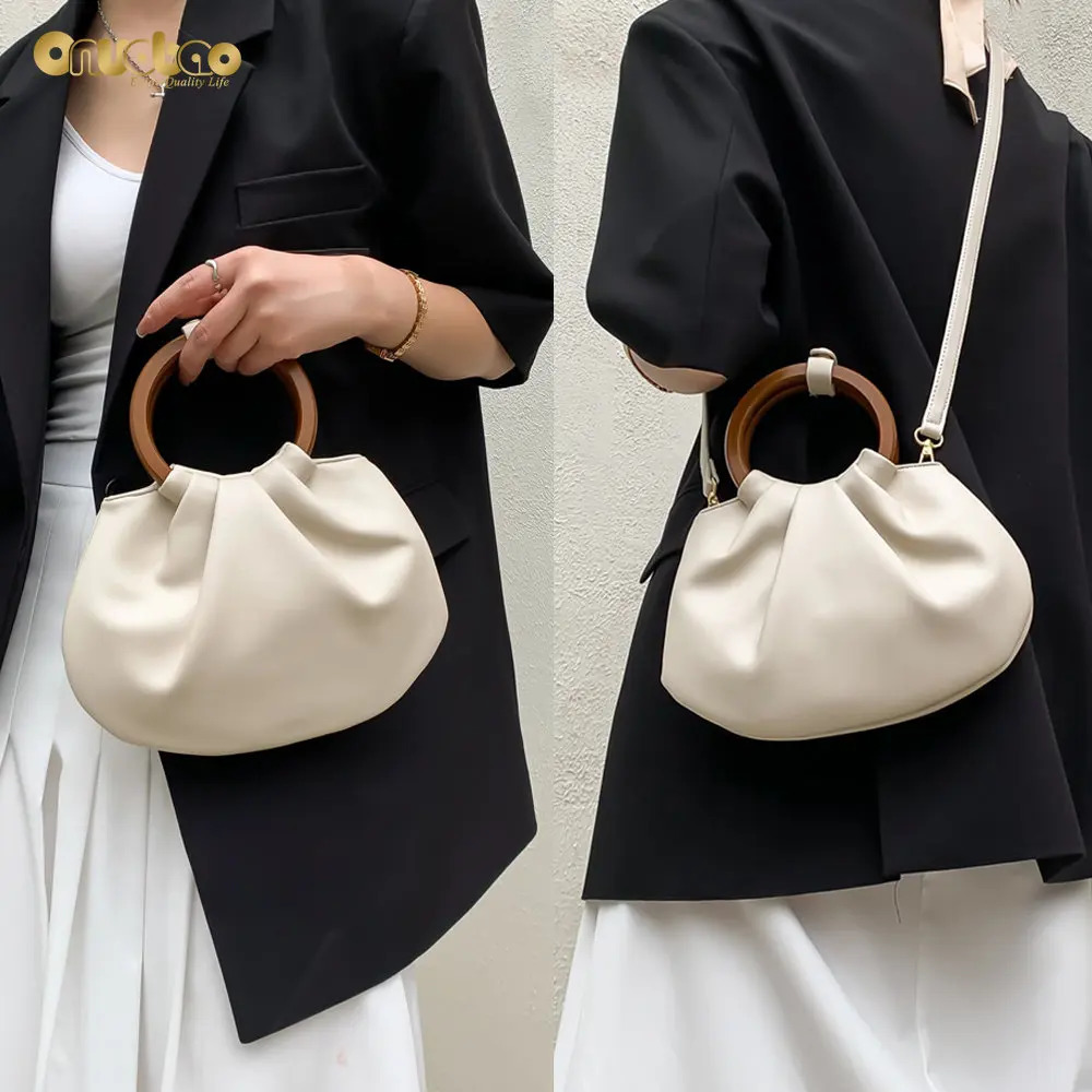 Cloud Bag for Women Fashion Pleated Small Bag Wooden Handle Simple Tote Bags for Ladies 241231