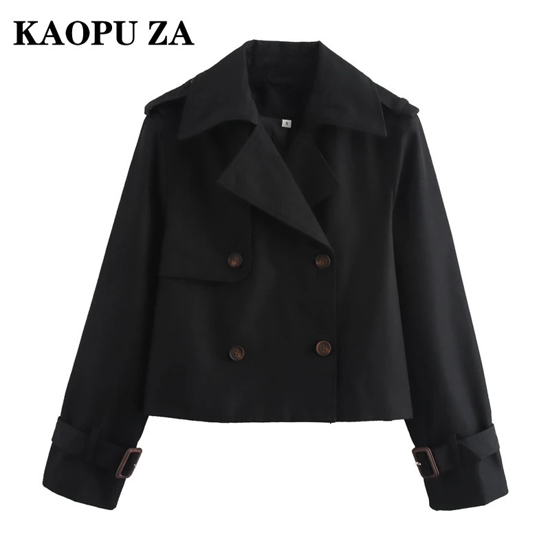 KAOPU ZA 2024 Autumn Ladies Vintage Double Breasted Cropped Trench Coat Womens Solid Short Jacket Lapel Collar Windbreaker 250102