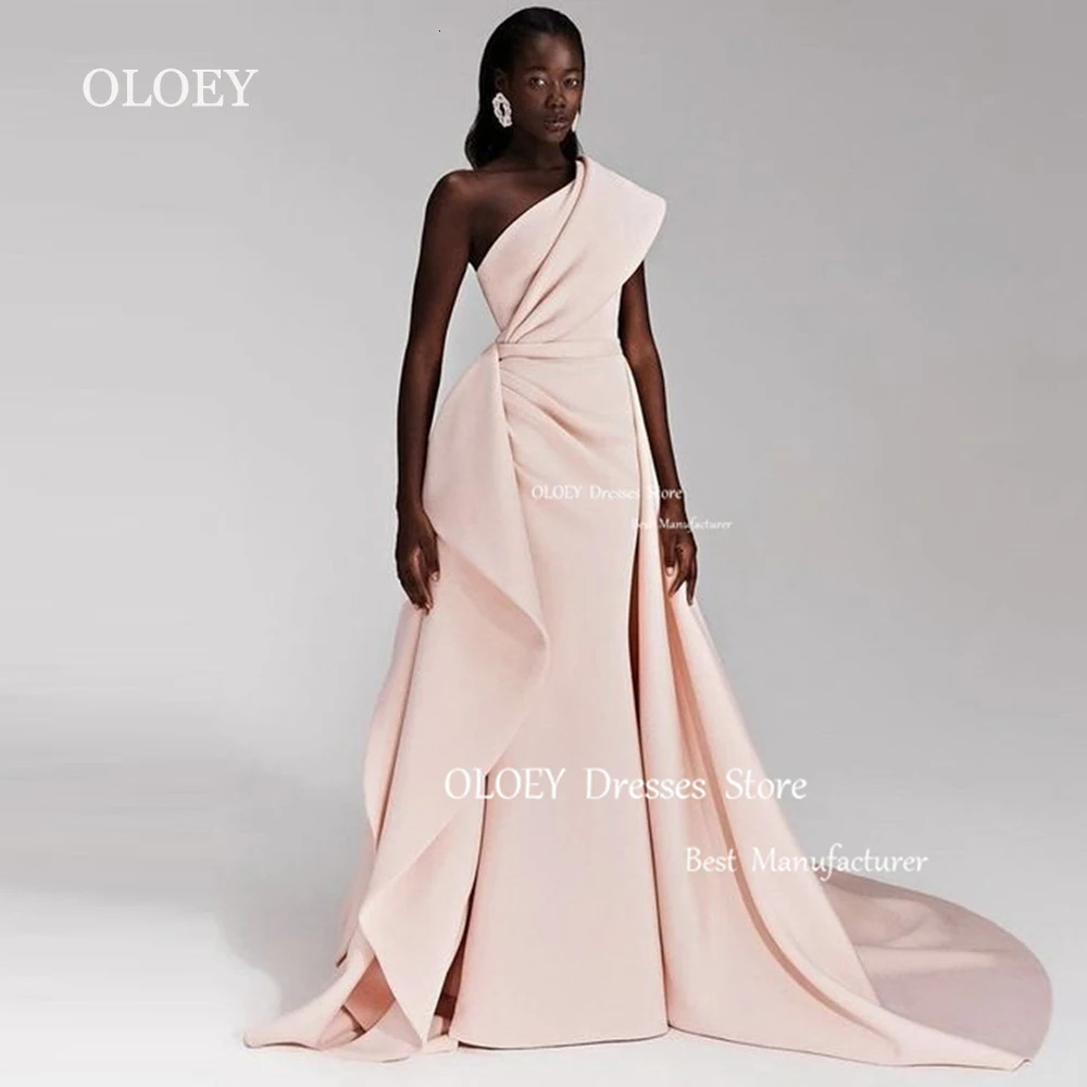 OLOEY One Shoulder Long Straight Promotion Dress Light Pink Womens Wedding Party Dress Pos Folded Satin Customization 250103