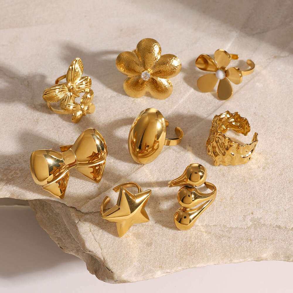 Wanxing INS Wind Combination Open Ring Gold Stainless Steel Five Petal Butterfly Knot and Earrings