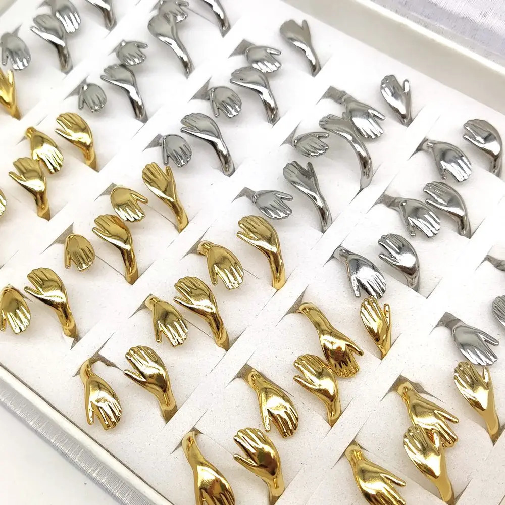 30pcs Style Mix Vintage Stainless Steel Love Hugging Hand Couples Ring Opening Adjustable Romantic Heart Hand Hug Rings 250103