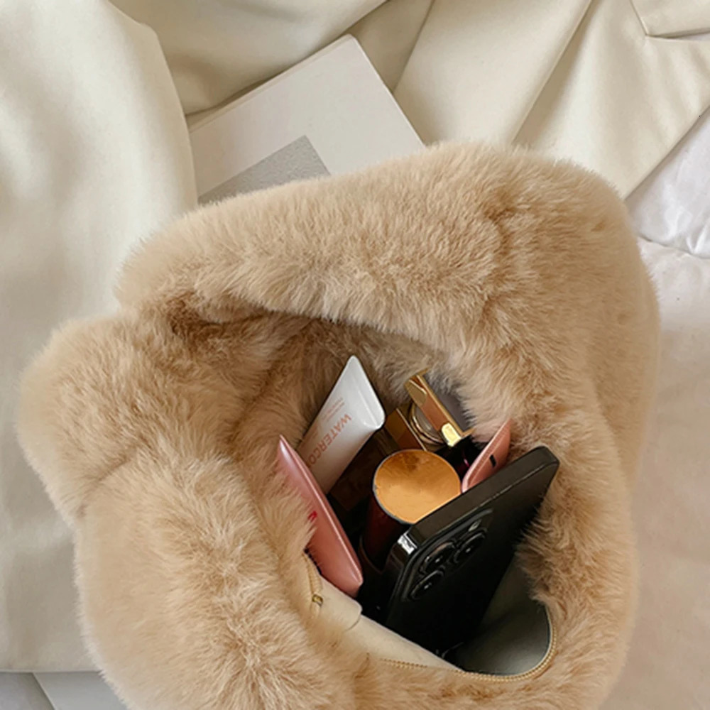 Solid Color Plush Dumpling Bag Handbag Niche n Small Phone Korean Style Tote Faux Rabbit Fur Women 241226