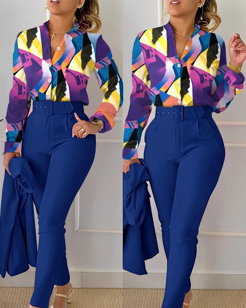 Elegant printed shirt and pants two-piece set for womens spring and autumn fashion long sleeved shirt high waisted pants casual set 241230