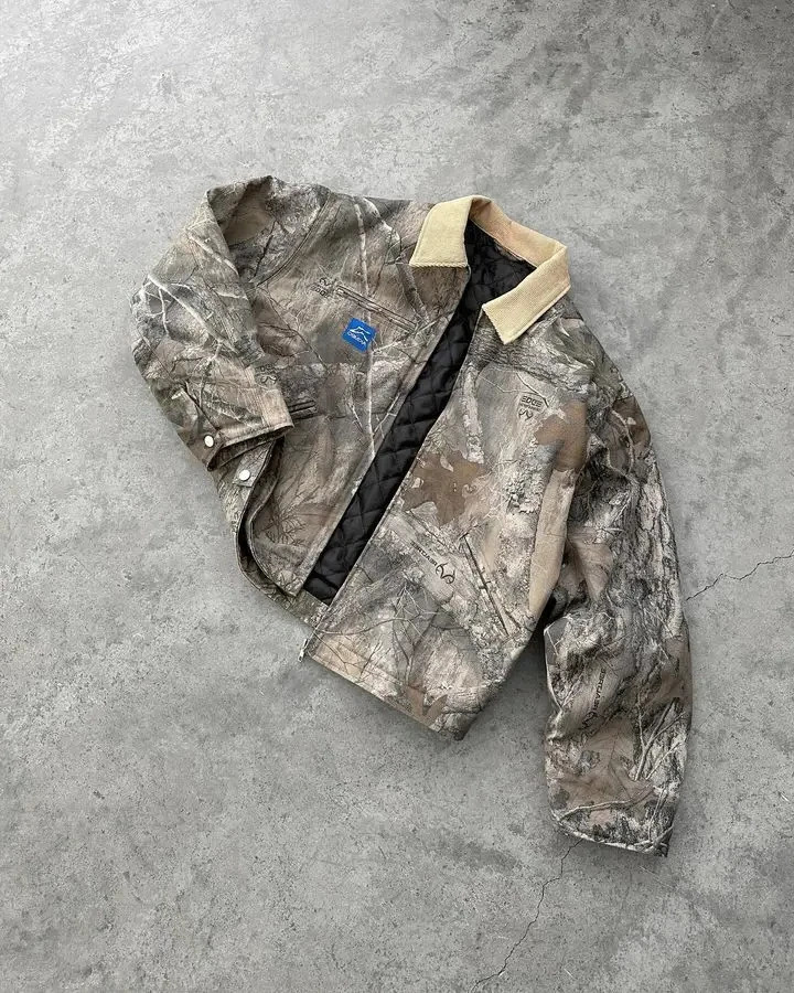 Retro Camo Jacket Y2K Coats Mens Womens Harajuku Hip Hop Leaf Camo Oversized Jacket V Neck Long Sleeve Zipper Clothing 250103