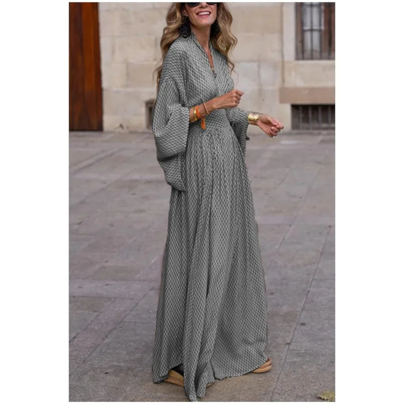 Retro Bohemian Womens Casual Dress Spinning Autumn Fashion V-neck Lantem Sleeve Folding Waist Loose Long Dress 250103