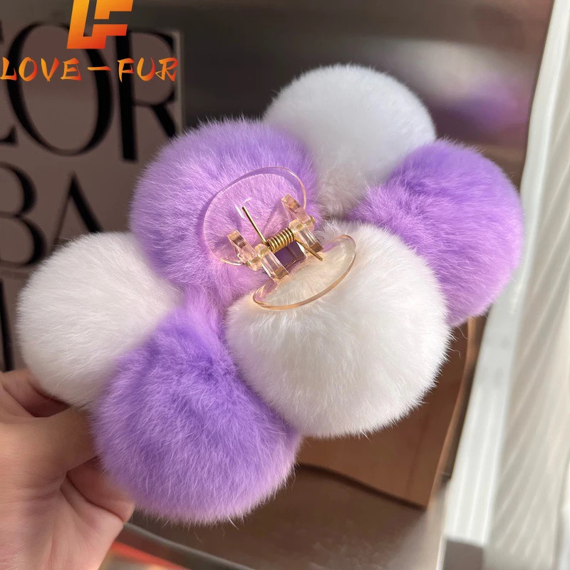 Autumn/Winter Plush Clip Shark Clip Hair Clip Wearing on Big Back True Rex Rabbit Fur Ball Clip 250102