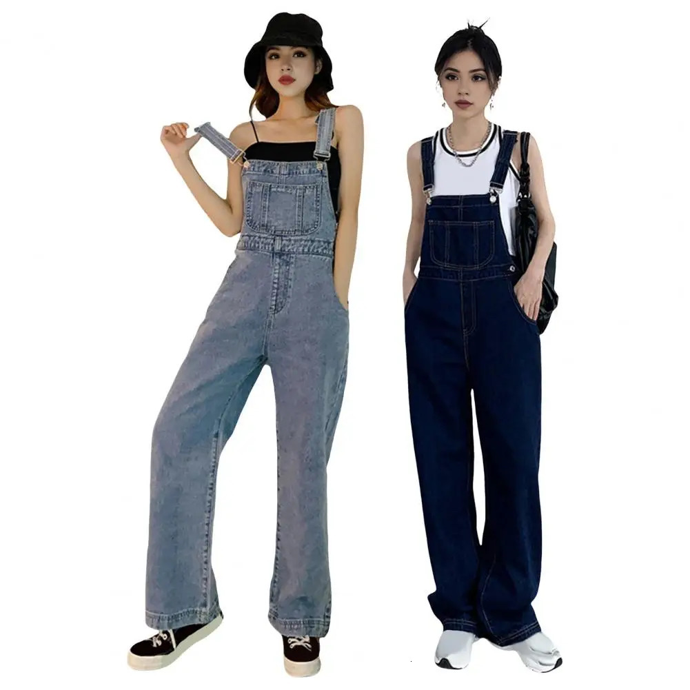 Loose Women Suspender Jumpsuit Adjsutable Strap High Waist Overalls Big Pocket Wide Leg Denim Collarless Young Style Overalls 241230