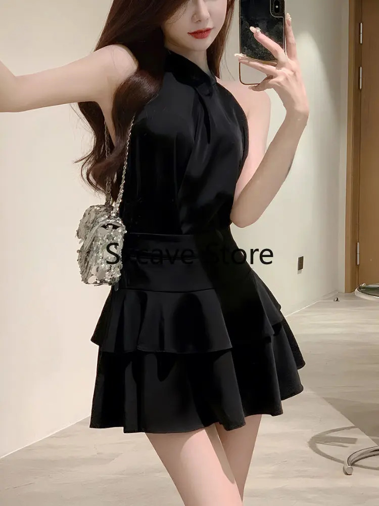 Elegant Satin 2 Piece Dress Set Women 2023 Summer Sleeveless Y2k Crop Tops Mini Skirt Female Even Party Black Korean 250103